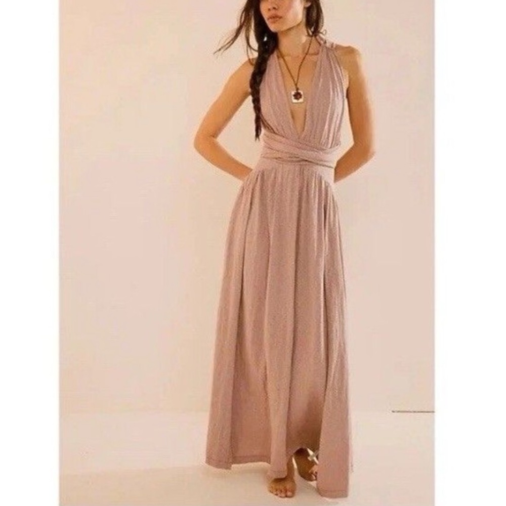 Free People Free-est Selena Plunge V Neck Open Back Tie Goddess Maxi Dress
